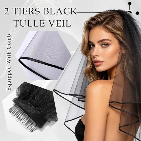 Black Wedding Veil Satin Edge Veil Short Center Cascade Bridal Veils Fingertip Halloween Veils Bride Hair Accessories for Women Bridal Shower Bachelorette Party in Kuwait