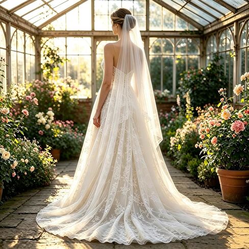 1 Tier Bride Wedding Veil Single Layer White Tulle with Comb, Long to Cathedral Length for Outdoor Beach Church Ceremony in Saudi Arabia
