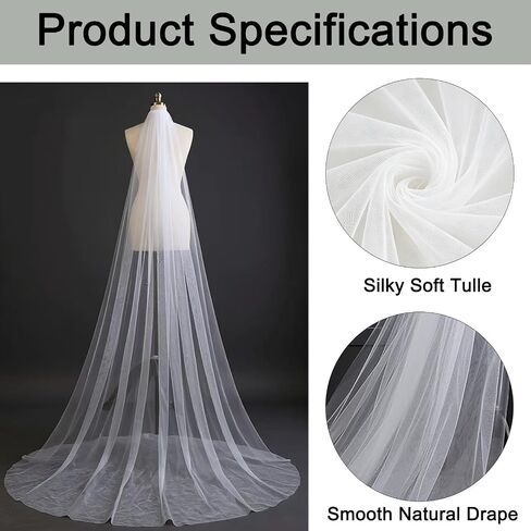 1 Tier Bride Wedding Veil Single Layer White Tulle with Comb, Long to Cathedral Length for Outdoor Beach Church Ceremony in Saudi Arabia