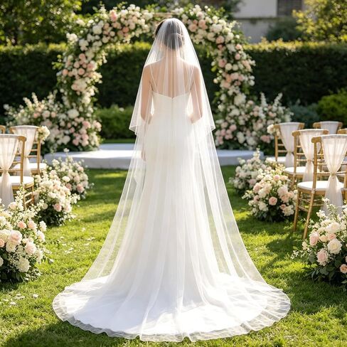 1 Tier Bride Wedding Veil Single Layer White Tulle with Comb, Long to Cathedral Length for Outdoor Beach Church Ceremony in Saudi Arabia