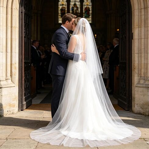 1 Tier Bride Wedding Veil Single Layer White Tulle with Comb, Long to Cathedral Length for Outdoor Beach Church Ceremony in Saudi Arabia