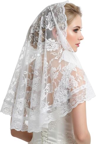 White Wedding Bridal Veil Floral Edge Bridal Tulle Veil Lace Wedding Veils Catholic Cathedral Head Covering Vintage Latin Mass Veils for Church Wedding Brides in Kuwait