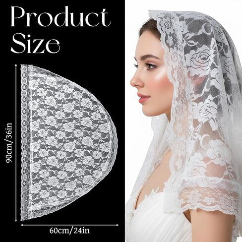 White Wedding Bridal Veil Floral Edge Bridal Tulle Veil Lace Wedding Veils Catholic Cathedral Head Covering Vintage Latin Mass Veils for Church Wedding Brides in Kuwait