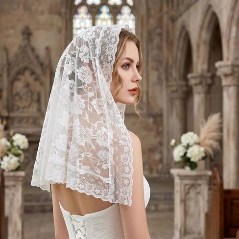 White Wedding Bridal Veil Floral Edge Bridal Tulle Veil Lace Wedding Veils Catholic Cathedral Head Covering Vintage Latin Mass Veils for Church Wedding Brides in Kuwait