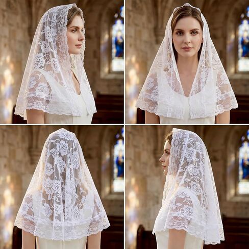 White Wedding Bridal Veil Floral Edge Bridal Tulle Veil Lace Wedding Veils Catholic Cathedral Head Covering Vintage Latin Mass Veils for Church Wedding Brides in Kuwait