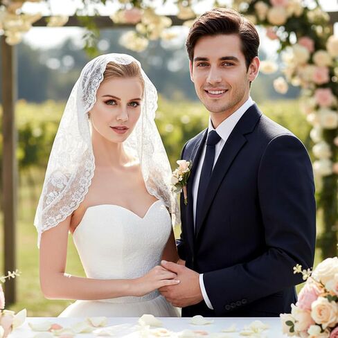 White Wedding Bridal Veil Floral Edge Bridal Tulle Veil Lace Wedding Veils Catholic Cathedral Head Covering Vintage Latin Mass Veils for Church Wedding Brides in Kuwait