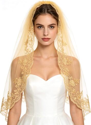 Gold Lace Veil with Comb Sequin Soft Tulle Bridal Veil Hair Accessory for Wedding Bachelorette Party Engagement in Kuwait