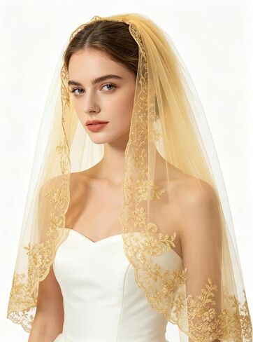 Gold Lace Veil with Comb Sequin Soft Tulle Bridal Veil Hair Accessory for Wedding Bachelorette Party Engagement in Kuwait