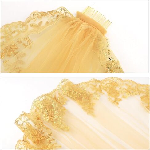 Gold Lace Veil with Comb Sequin Soft Tulle Bridal Veil Hair Accessory for Wedding Bachelorette Party Engagement in Kuwait