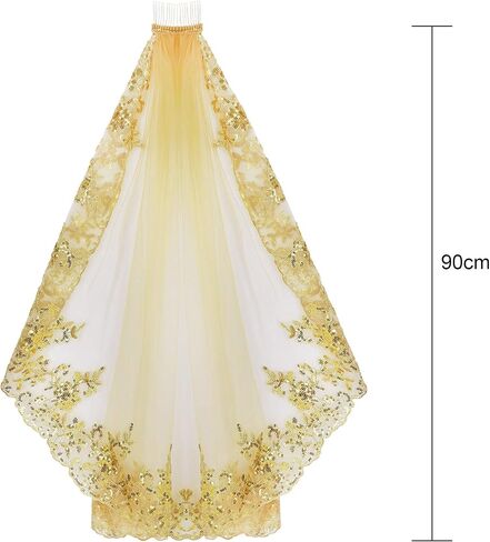 Gold Lace Veil with Comb Sequin Soft Tulle Bridal Veil Hair Accessory for Wedding Bachelorette Party Engagement in Kuwait