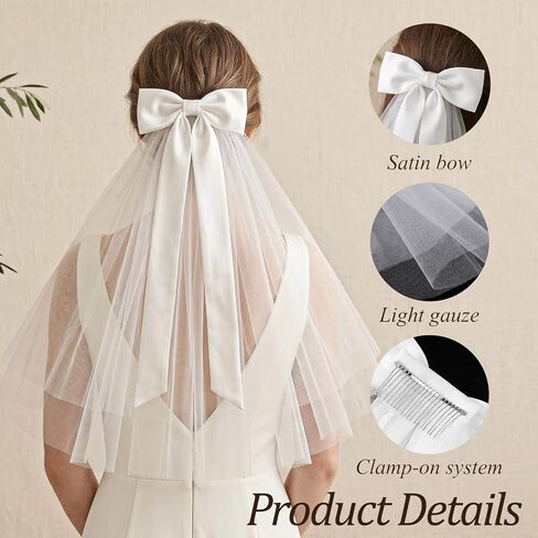 Veil Bridal Bow Bride Veil Short Wedding Hair Bow Veils with Clip Women White Bridal Short Veils Bachelorette Party Decoration for Women in Kuwait