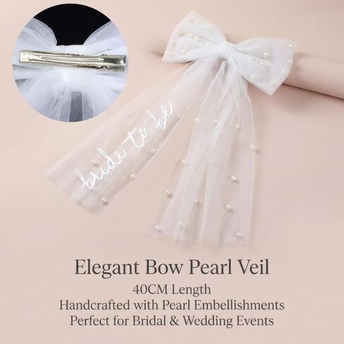 Bride to Be Embroidered Veil Elegant Bachelorette Veils with Pearls,White Bow Wedding Veil for Bridal Shower, Wedding Morning, Engagement Photo Accessory in Saudi Arabia