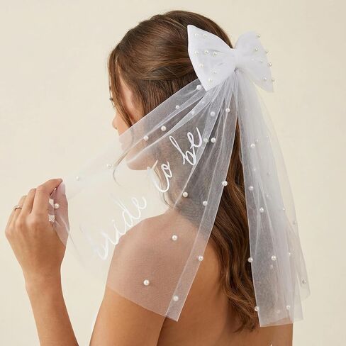 Bride to Be Embroidered Veil Elegant Bachelorette Veils with Pearls,White Bow Wedding Veil for Bridal Shower, Wedding Morning, Engagement Photo Accessory in Saudi Arabia