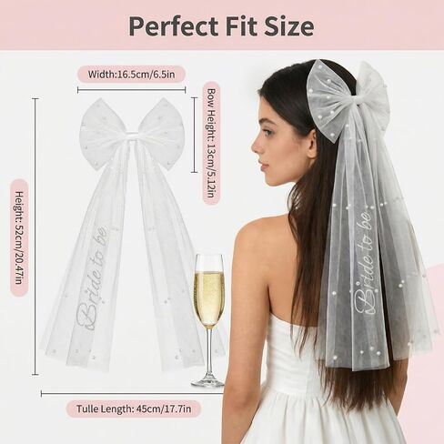 Bride to Be Bow Veil With Pearls,Embroidered White Bridal Hair Bow Clip for Bachelorette Party, Engagement & Bridal Shower Outfits, Tulle Bachelorette Outfits Accessories for Bride To Be in Kuwait