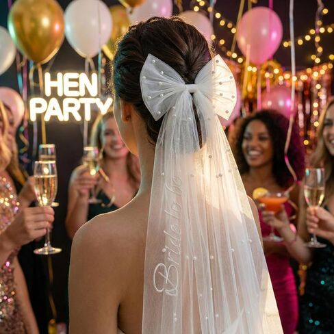 Bride to Be Bow Veil With Pearls,Embroidered White Bridal Hair Bow Clip for Bachelorette Party, Engagement & Bridal Shower Outfits, Tulle Bachelorette Outfits Accessories for Bride To Be in Kuwait