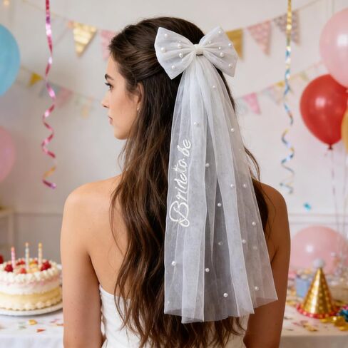 Bride to Be Bow Veil With Pearls,Embroidered White Bridal Hair Bow Clip for Bachelorette Party, Engagement & Bridal Shower Outfits, Tulle Bachelorette Outfits Accessories for Bride To Be in Kuwait
