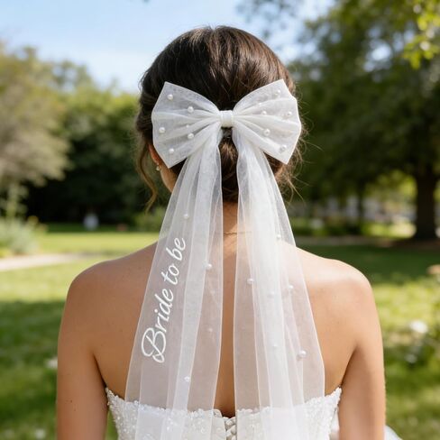 Bride to Be Bow Veil With Pearls,Embroidered White Bridal Hair Bow Clip for Bachelorette Party, Engagement & Bridal Shower Outfits, Tulle Bachelorette Outfits Accessories for Bride To Be in Kuwait