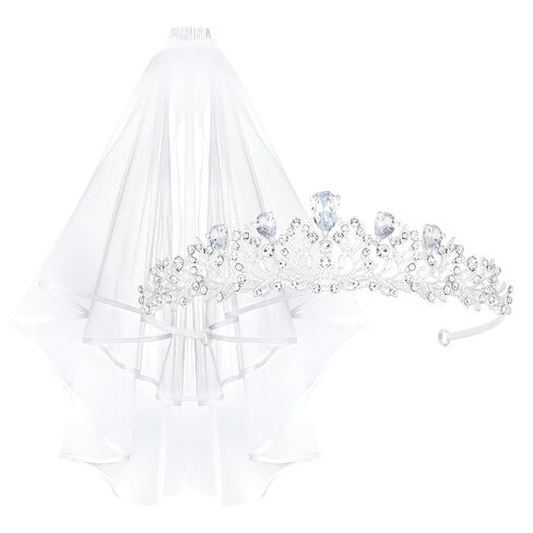 AMCAMI Bridal Tiara and Veil Set,Crystal Wedding Crown,White Tulle Veil with Comb,Elegant Bridal Headpiece for Wedding and Formal Events in Saudi Arabia