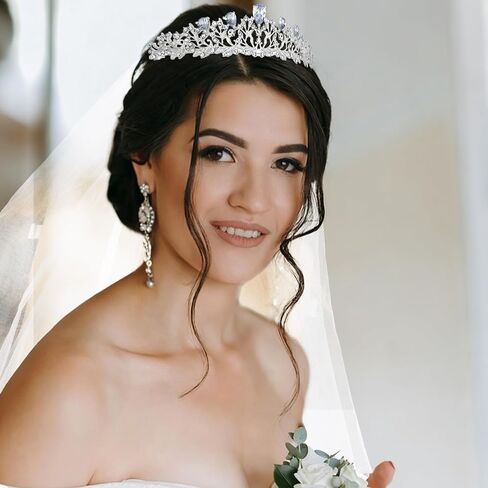 AMCAMI Bridal Tiara and Veil Set,Crystal Wedding Crown,White Tulle Veil with Comb,Elegant Bridal Headpiece for Wedding and Formal Events in Saudi Arabia