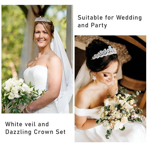 AMCAMI Bridal Tiara and Veil Set,Crystal Wedding Crown,White Tulle Veil with Comb,Elegant Bridal Headpiece for Wedding and Formal Events in Saudi Arabia