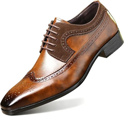 Mens Pointed Toe Brogues, Lace Up Formal Oxford Shoes, Embossed Wing tip, Low Block Heel Business Wedding Shoes in Saudi Arabia