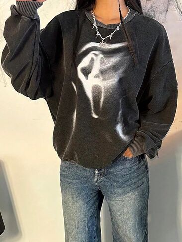 Women's Gothic Washed Graphic Print Sweatshirts Streetwear Pullover Tops Spring Fall Outfits in Kuwait