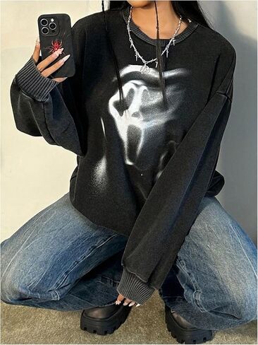 Women's Gothic Washed Graphic Print Sweatshirts Streetwear Pullover Tops Spring Fall Outfits in Kuwait