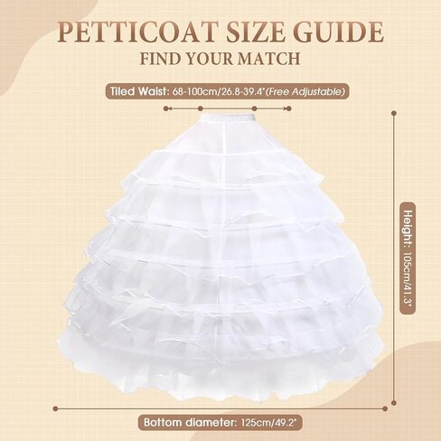 6 Hoop Tulle Crinoline Petticoat Underskirt for Wedding Quinceanera | Adjustable Elastic Waist Lightweight Flexible Hoop Skirt Easy to Fold and Store All-Day Comfortable Wear in Saudi Arabia
