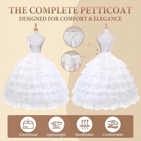 6 Hoop Tulle Crinoline Petticoat Underskirt for Wedding Quinceanera | Adjustable Elastic Waist Lightweight Flexible Hoop Skirt Easy to Fold and Store All-Day Comfortable Wear in Saudi Arabia