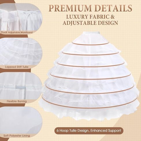 6 Hoop Tulle Crinoline Petticoat Underskirt for Wedding Quinceanera | Adjustable Elastic Waist Lightweight Flexible Hoop Skirt Easy to Fold and Store All-Day Comfortable Wear in Saudi Arabia