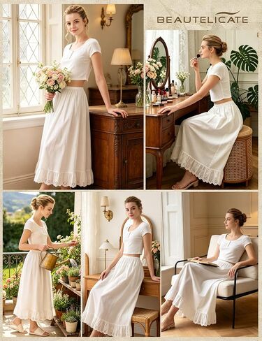 BEAUTELICATE Women's 100% Cotton Half Slip Vintage Victorian Underskirt with Eyelet Lace Hem in Kuwait