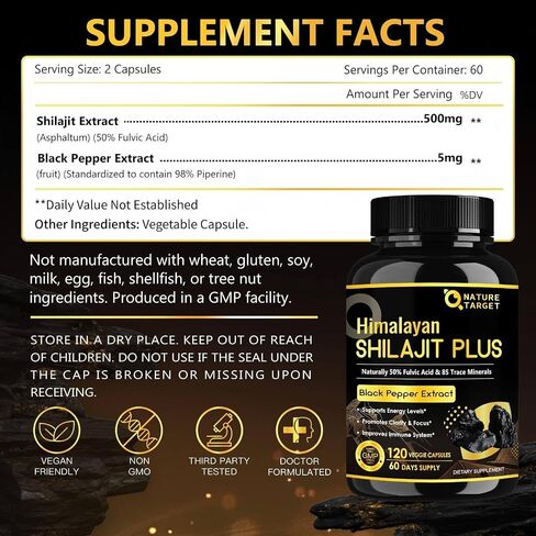 NATURE TARGET Himalayan Shilajit Capsules - 500mg Pure Shilajit with 50% Fulvic Acid & Black Pepper - Energy, Focus & Vitality - 120 Vegan Capsules in Kuwait