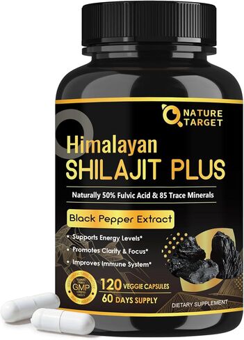 NATURE TARGET Himalayan Shilajit Capsules - 500mg Pure Shilajit with 50% Fulvic Acid & Black Pepper - Energy, Focus & Vitality - 120 Vegan Capsules in Kuwait