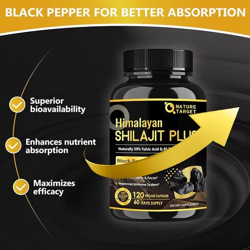 NATURE TARGET Himalayan Shilajit Capsules - 500mg Pure Shilajit with 50% Fulvic Acid & Black Pepper - Energy, Focus & Vitality - 120 Vegan Capsules in Kuwait