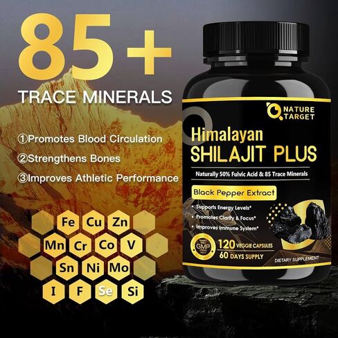 NATURE TARGET Himalayan Shilajit Capsules - 500mg Pure Shilajit with 50% Fulvic Acid & Black Pepper - Energy, Focus & Vitality - 120 Vegan Capsules in Kuwait