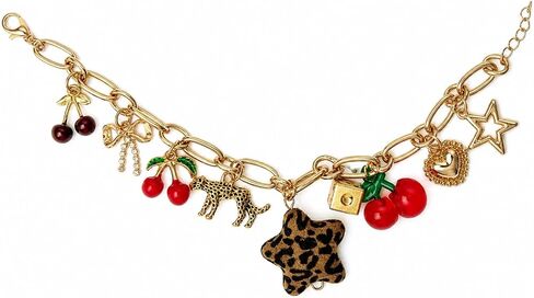 Y2K Cherry Charm Bracelet for Women, Gold Chunky Chain Leopard Print Bracelet with Dice Star Heart Charms Cute Aesthetic Indie Coquette Jewelry Gift in Saudi Arabia