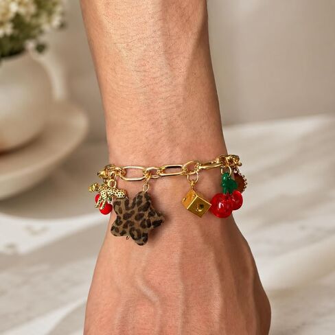 Y2K Cherry Charm Bracelet for Women, Gold Chunky Chain Leopard Print Bracelet with Dice Star Heart Charms Cute Aesthetic Indie Coquette Jewelry Gift in Saudi Arabia