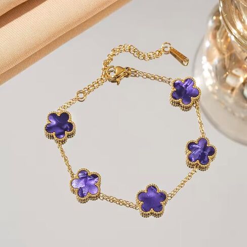 Five Leaf Clover Flower Lotus Women's Fashion Chain Link Floral Motif Bracelet 14k Gold Plated Stainless Steel Adjustable Size in Kuwait