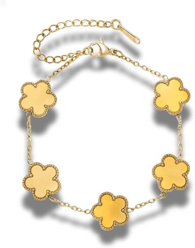 Five Leaf Clover Flower Lotus Women's Fashion Chain Link Floral Motif Bracelet 14k Gold Plated Stainless Steel Adjustable Size in Kuwait