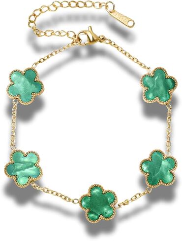 Five Leaf Clover Flower Lotus Women's Fashion Chain Link Floral Motif Bracelet 14k Gold Plated Stainless Steel Adjustable Size in Kuwait