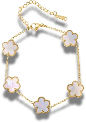 Five Leaf Clover Flower Lotus Women's Fashion Chain Link Floral Motif Bracelet 14k Gold Plated Stainless Steel Adjustable Size in Kuwait