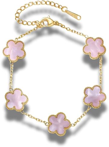 Five Leaf Clover Flower Lotus Women's Fashion Chain Link Floral Motif Bracelet 14k Gold Plated Stainless Steel Adjustable Size in Kuwait