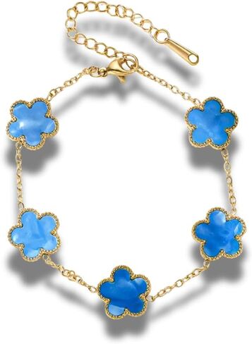 Five Leaf Clover Flower Lotus Women's Fashion Chain Link Floral Motif Bracelet 14k Gold Plated Stainless Steel Adjustable Size in Kuwait