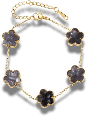 Five Leaf Clover Flower Lotus Women's Fashion Chain Link Floral Motif Bracelet 14k Gold Plated Stainless Steel Adjustable Size in Kuwait