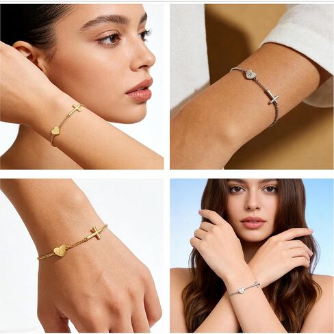 Lunvky 14k Gold Plated Initial Cross Bracelets for Women, Silver Dainty Cute Heart Name Letter Bracelet for Teen Trendy Stuff Confirmation Religious Christian Jewelry Birthday Graduation Gifts in Saudi Arabia