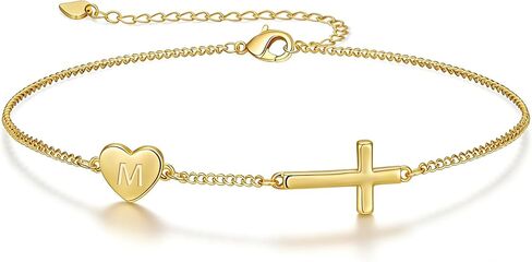Lunvky 14k Gold Plated Initial Cross Bracelets for Women, Silver Dainty Cute Heart Name Letter Bracelet for Teen Trendy Stuff Confirmation Religious Christian Jewelry Birthday Graduation Gifts in Saudi Arabia