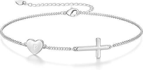Lunvky 14k Gold Plated Initial Cross Bracelets for Women, Silver Dainty Cute Heart Name Letter Bracelet for Teen Trendy Stuff Confirmation Religious Christian Jewelry Birthday Graduation Gifts in Saudi Arabia