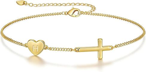 Lunvky 14k Gold Plated Initial Cross Bracelets for Women, Silver Dainty Cute Heart Name Letter Bracelet for Teen Trendy Stuff Confirmation Religious Christian Jewelry Birthday Graduation Gifts in Saudi Arabia