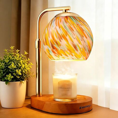 WanshengLe Stained Glass Candle Warmer Lamp Adjustable Height, 7-Level Dimmable Brightness with 2/4/8H Timer, Candle Warmer Light with 2 Bulbs for Women Mom Scented Jar Candles - Gold in Saudi Arabia
