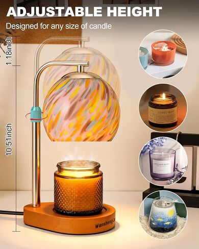 WanshengLe Stained Glass Candle Warmer Lamp Adjustable Height, 7-Level Dimmable Brightness with 2/4/8H Timer, Candle Warmer Light with 2 Bulbs for Women Mom Scented Jar Candles - Gold in Saudi Arabia